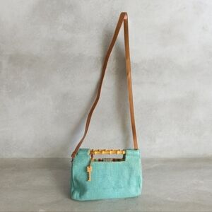 Fossil Beach Bag Leather Strap Bamboo Handles Blue Fabric Good Condition